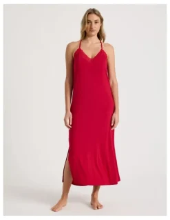 Chloe & Lola Pure Comfort Lace Trim Halter Long Chemise in Chilli Red