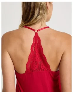 Chloe & Lola Pure Comfort Lace Trim Halter Long Chemise in Chilli Red