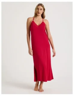 Chloe & Lola Pure Comfort Lace Trim Halter Long Chemise in Chilli Red