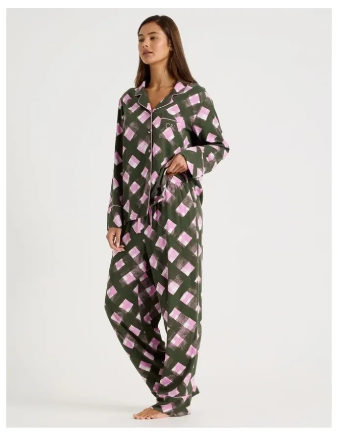 Chloe & Lola Serene Viscose Long Sleeve PJ Set in Olive Check Print
