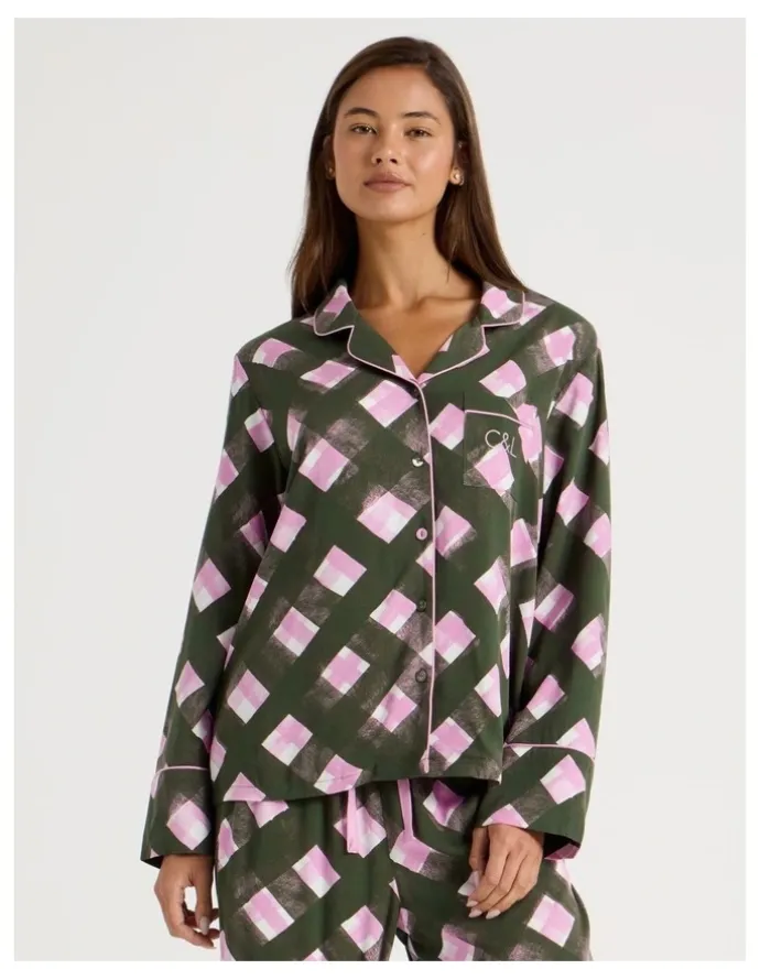 Chloe & Lola Serene Viscose Long Sleeve PJ Set in Olive Check Print