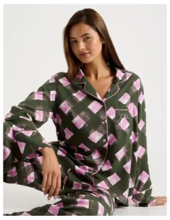 Chloe & Lola Serene Viscose Long Sleeve PJ Set in Olive Check Print