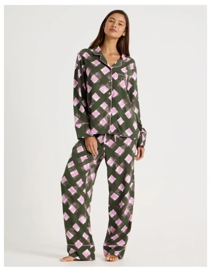 Chloe & Lola Serene Viscose Long Sleeve PJ Set in Olive Check Print