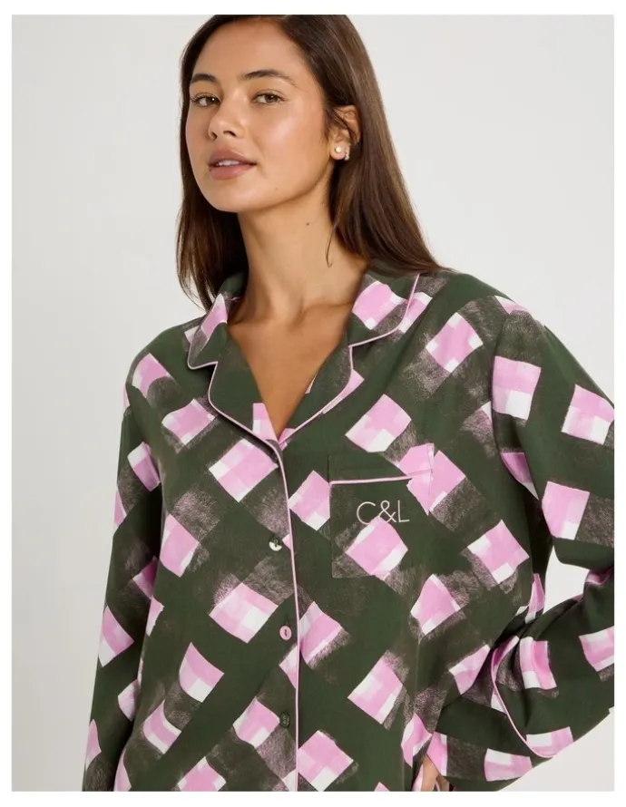 Chloe & Lola Serene Viscose Long Sleeve PJ Set in Olive Check Print