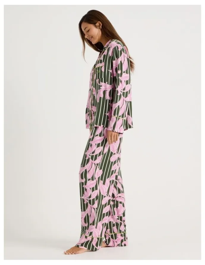 Chloe & Lola Serene Viscose Long Sleeve PJ Set in Olive Leaf Print