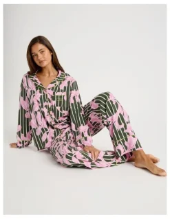 Chloe & Lola Serene Viscose Long Sleeve PJ Set in Olive Leaf Print