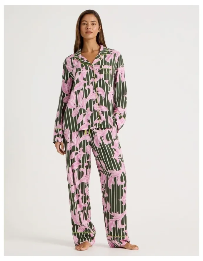 Chloe & Lola Serene Viscose Long Sleeve PJ Set in Olive Leaf Print