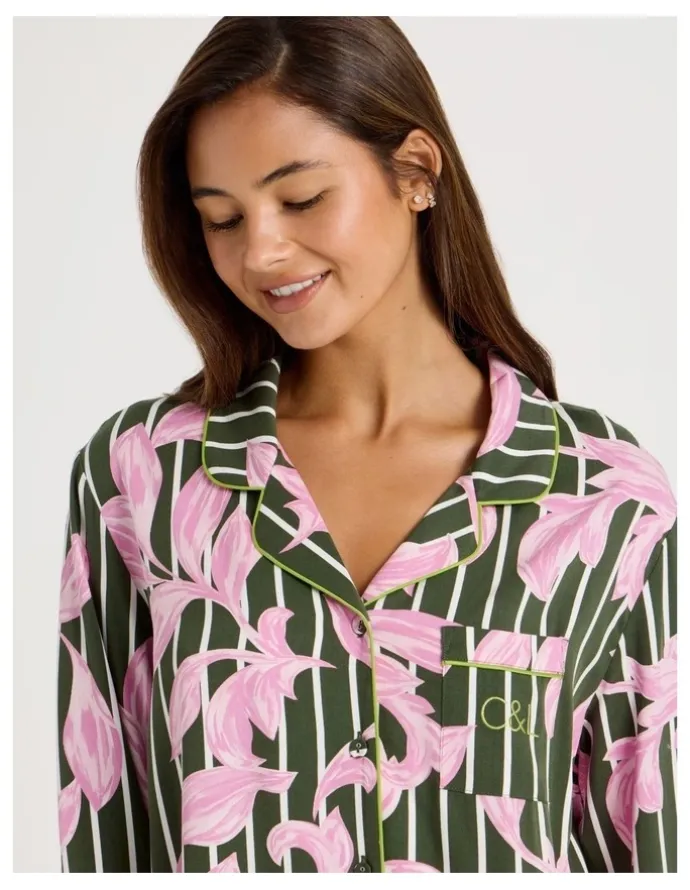 Chloe & Lola Serene Viscose Long Sleeve PJ Set in Olive Leaf Print