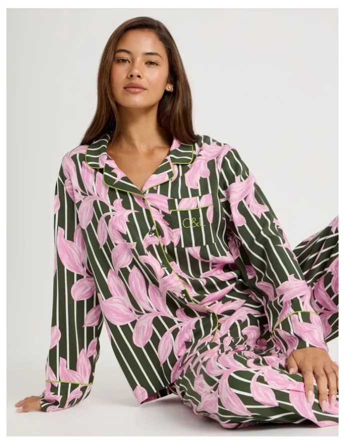 Chloe & Lola Serene Viscose Long Sleeve PJ Set in Olive Leaf Print