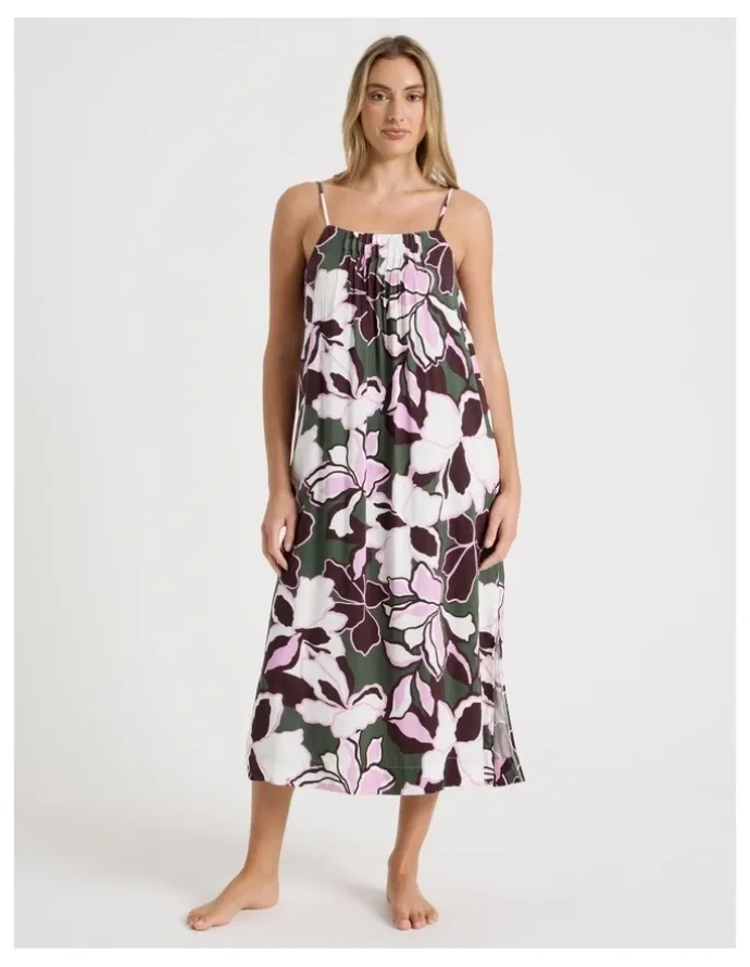 Chloe & Lola Serene Viscose Twill Pintuck Long Chemise in Outline Floral Print