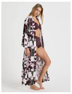 Chloe & Lola Serene Viscose Twill Long Robe in Outline Floral Print