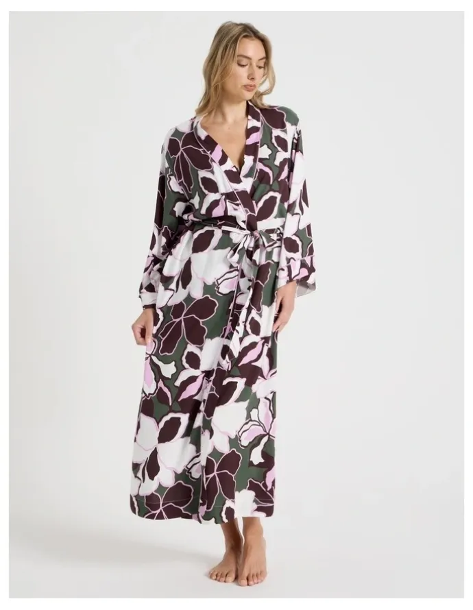 Chloe & Lola Serene Viscose Twill Long Robe in Outline Floral Print