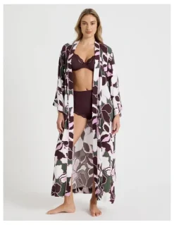 Chloe & Lola Serene Viscose Twill Long Robe in Outline Floral Print