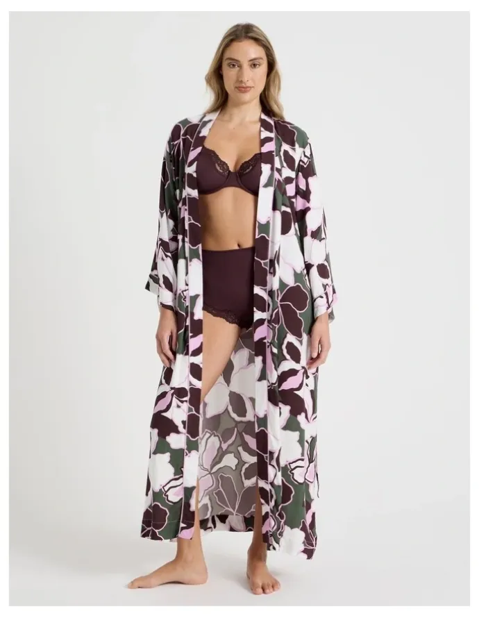 Chloe & Lola Serene Viscose Twill Long Robe in Outline Floral Print