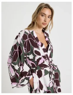 Chloe & Lola Serene Viscose Twill Long Robe in Outline Floral Print
