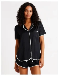 Chloe & Lola Signature Satin Binding Short Sleeve Short PJ Set in Black