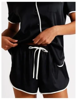 Chloe & Lola Signature Satin Binding Short Sleeve Short PJ Set in Black