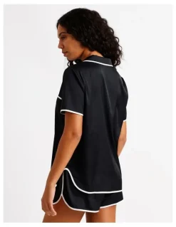Chloe & Lola Signature Satin Binding Short Sleeve Short PJ Set in Black