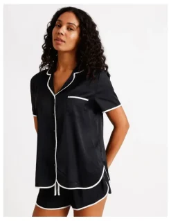 Chloe & Lola Signature Satin Binding Short Sleeve Short PJ Set in Black