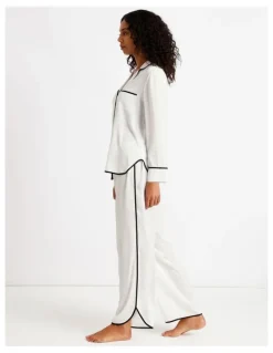 Chloe & Lola Signature Satin Binding Long Sleeve Long PJ Set in Ivory