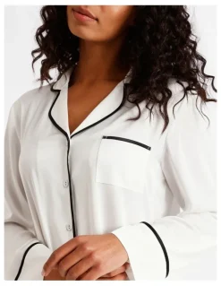 Chloe & Lola Signature Satin Binding Long Sleeve Long PJ Set in Ivory