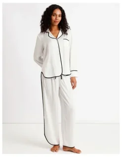 Chloe & Lola Signature Satin Binding Long Sleeve Long PJ Set in Ivory