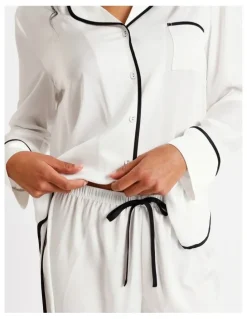 Chloe & Lola Signature Satin Binding Long Sleeve Long PJ Set in Ivory
