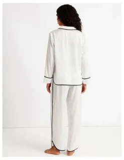Chloe & Lola Signature Satin Binding Long Sleeve Long PJ Set in Ivory