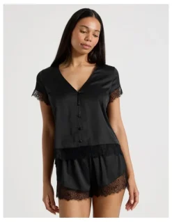 Chloe & Lola The Vow Satin & Eyelash Lace S/S PJ Set in Black