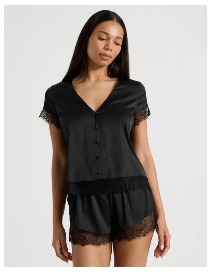 Chloe & Lola The Vow Satin & Eyelash Lace S/S PJ Set in Black