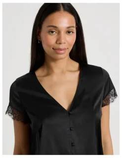 Chloe & Lola The Vow Satin & Eyelash Lace S/S PJ Set in Black