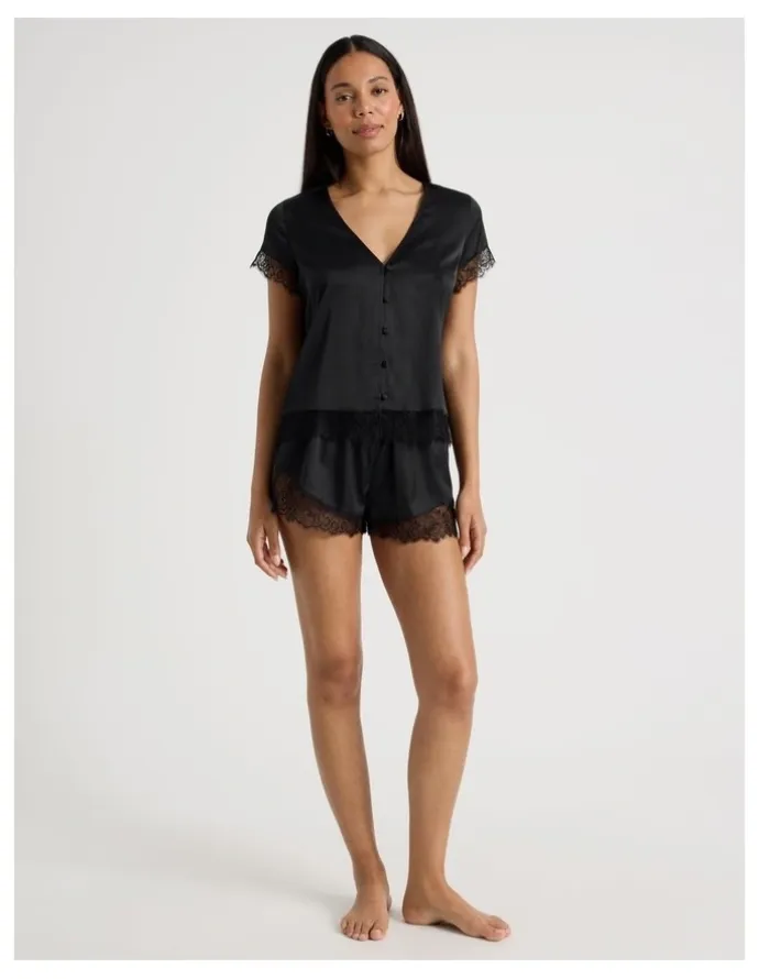 Chloe & Lola The Vow Satin & Eyelash Lace S/S PJ Set in Black