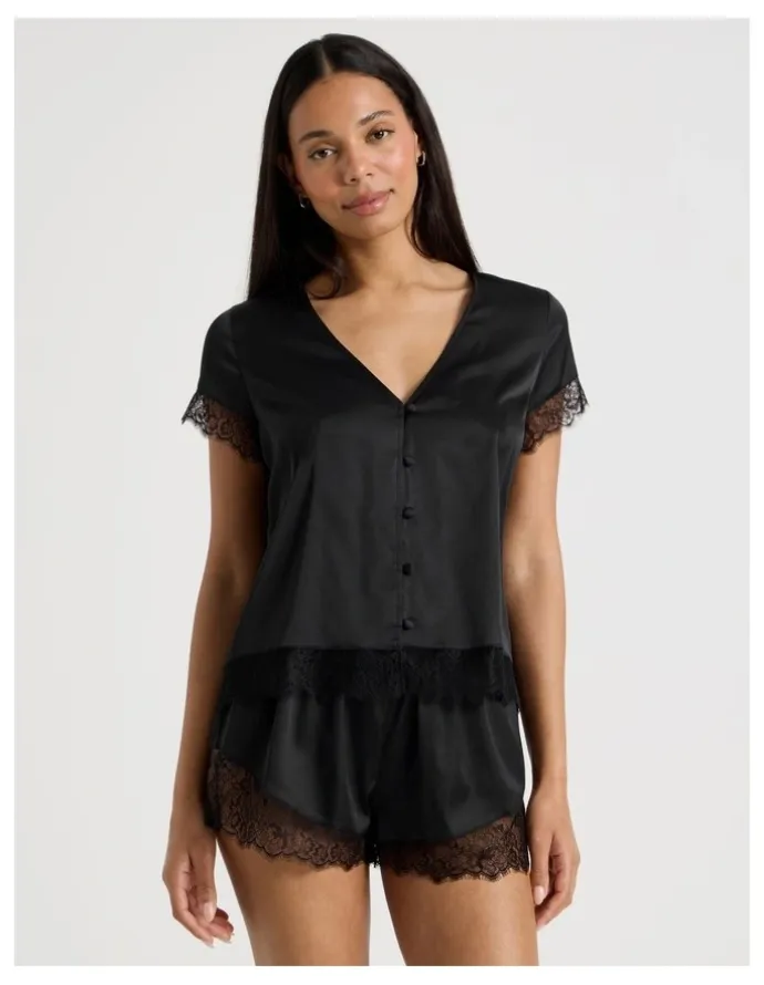 Chloe & Lola The Vow Satin & Eyelash Lace S/S PJ Set in Black