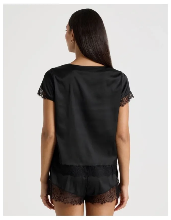 Chloe & Lola The Vow Satin & Eyelash Lace S/S PJ Set in Black