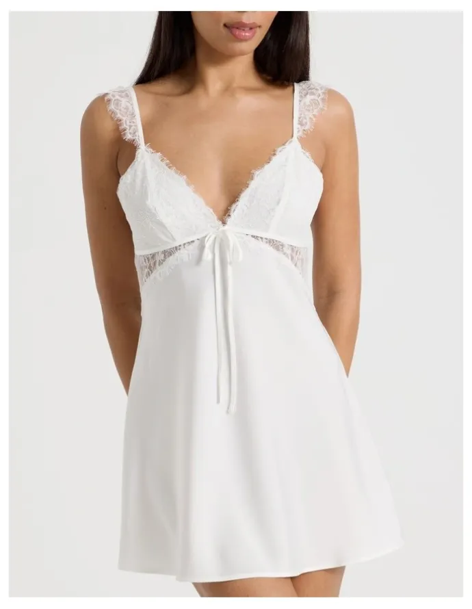 Chloe & Lola The Vow Satin & Eyelash Lace Short Chemise in Ivory