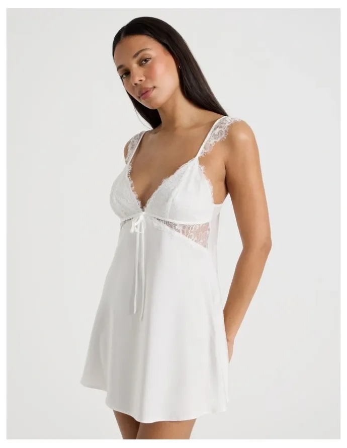 Chloe & Lola The Vow Satin & Eyelash Lace Short Chemise in Ivory