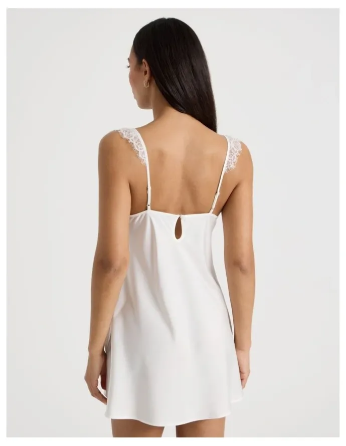 Chloe & Lola The Vow Satin & Eyelash Lace Short Chemise in Ivory