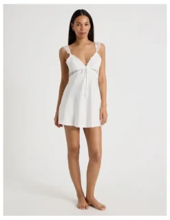 Chloe & Lola The Vow Satin & Eyelash Lace Short Chemise in Ivory