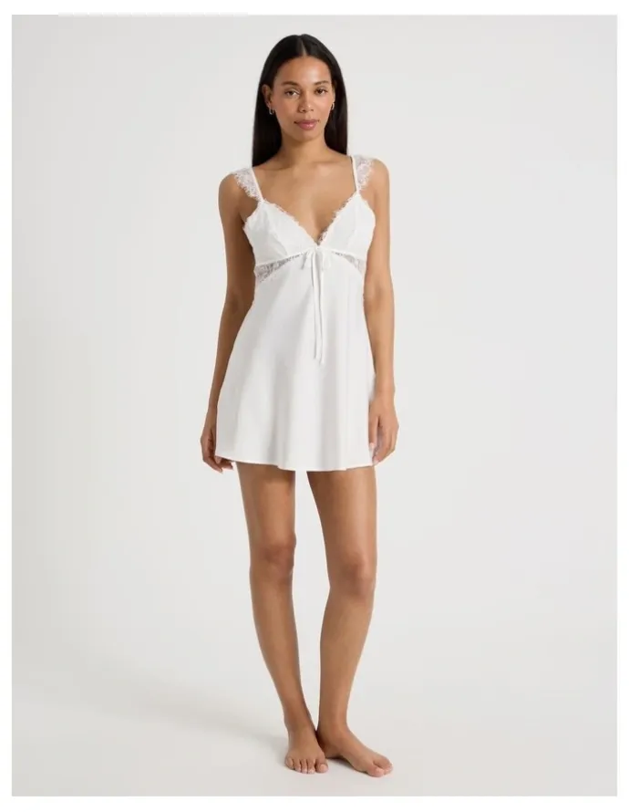 Chloe & Lola The Vow Satin & Eyelash Lace Short Chemise in Ivory