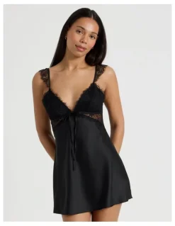 Chloe & Lola The Vow Satin & Eyelash Lace Short Chemise in Black