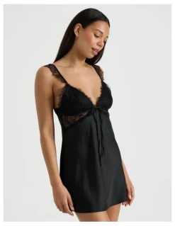 Chloe & Lola The Vow Satin & Eyelash Lace Short Chemise in Black