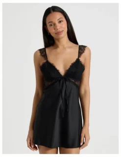 Chloe & Lola The Vow Satin & Eyelash Lace Short Chemise in Black