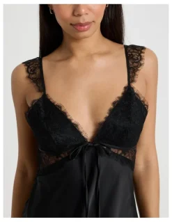 Chloe & Lola The Vow Satin & Eyelash Lace Short Chemise in Black