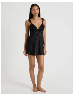 Chloe & Lola The Vow Satin & Eyelash Lace Short Chemise in Black