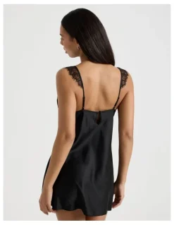 Chloe & Lola The Vow Satin & Eyelash Lace Short Chemise in Black