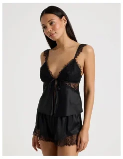 Chloe & Lola The Vow Satin & Eyelash Lace Cami Set in Black