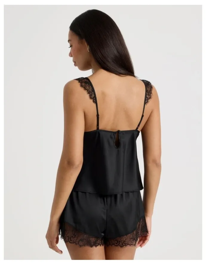 Chloe & Lola The Vow Satin & Eyelash Lace Cami Set in Black