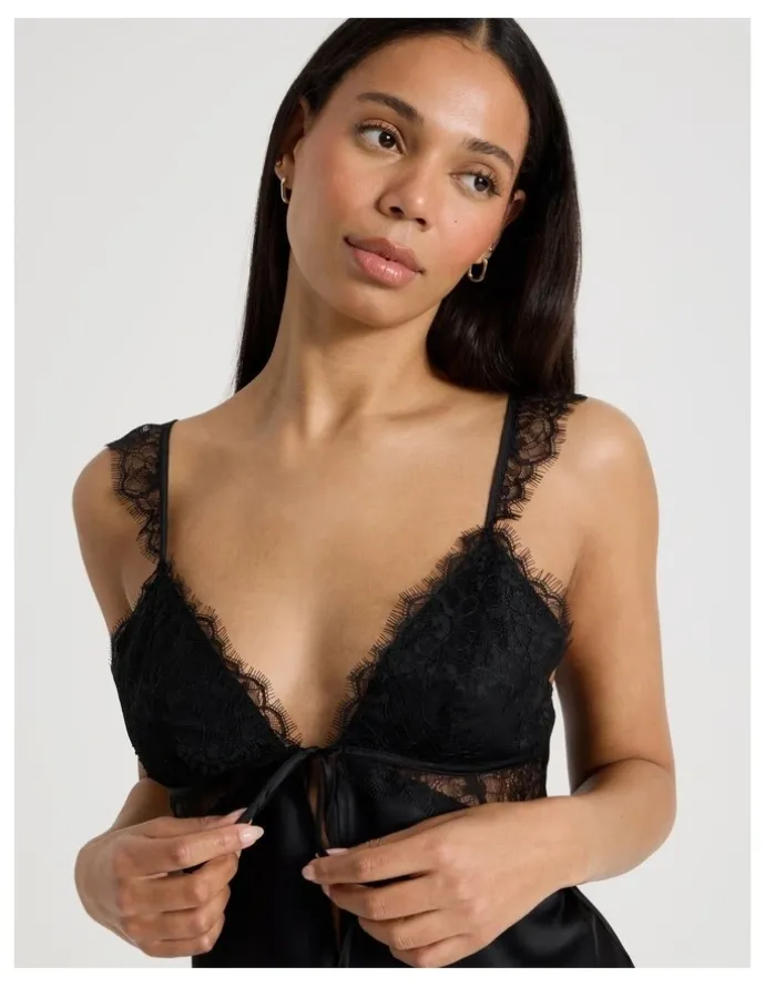 Chloe & Lola The Vow Satin & Eyelash Lace Cami Set in Black