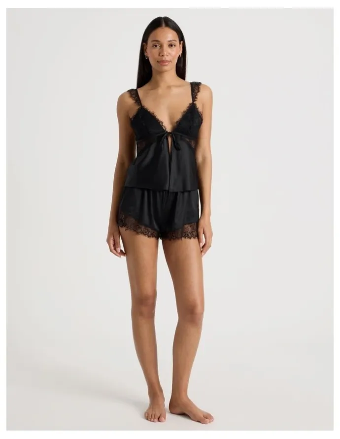 Chloe & Lola The Vow Satin & Eyelash Lace Cami Set in Black