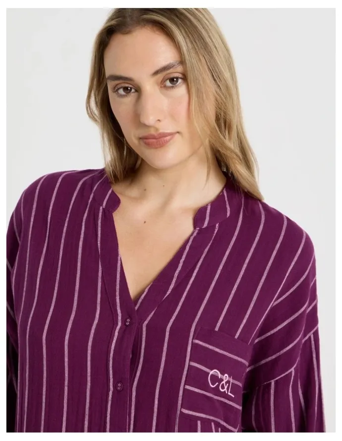 Chloe & Lola Divine Cheesecloth Mandarin Oversized Night Shirt in Magenta Y/D Stripe